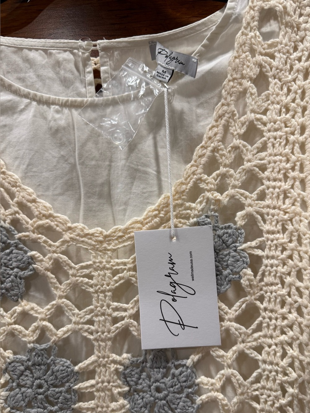 NWT Polagram Crochet Overlay Peasant Top Cream & White Size Medium - Picture 2 of 5
